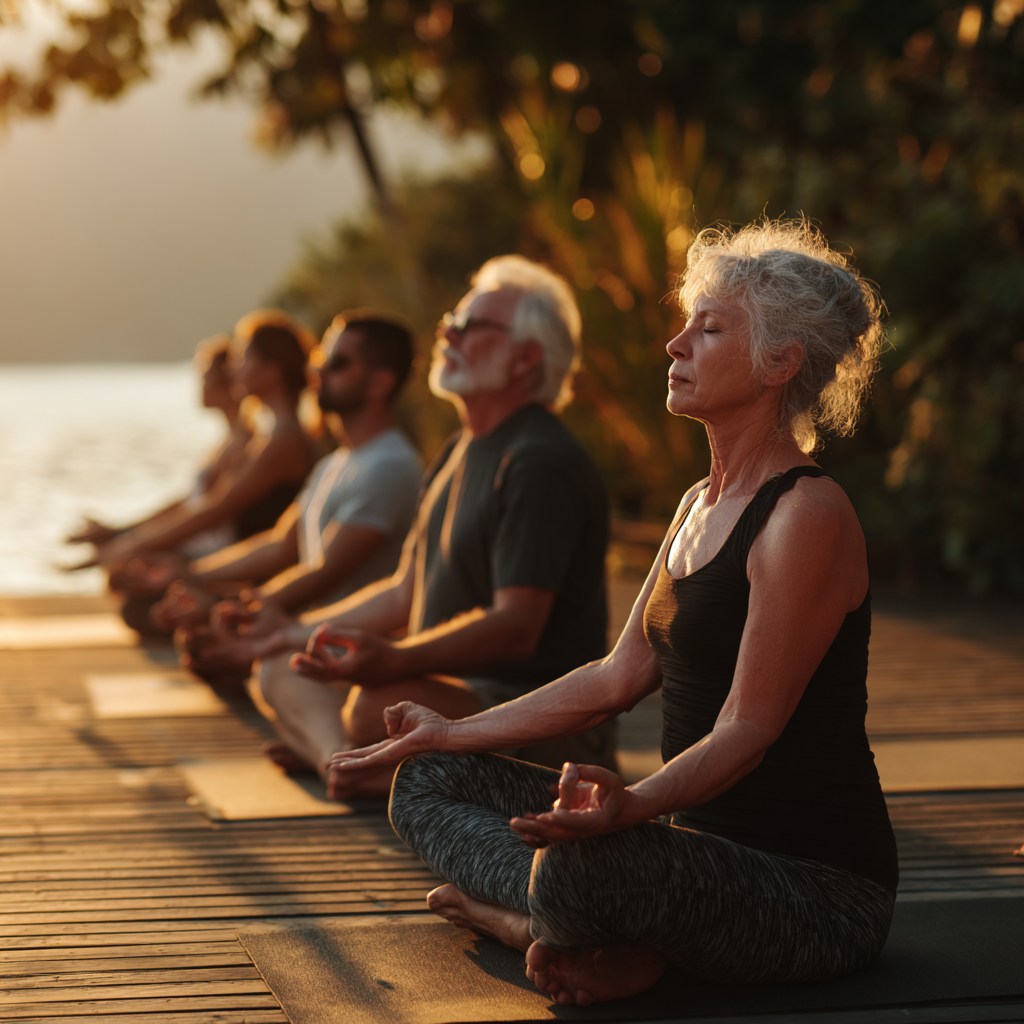 Group of middle-aged adults practicing yoga together in serene natural setting