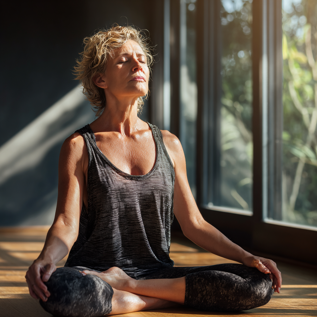 Middle-aged woman practicing yoga in peaceful meditation pose with natural lighting
